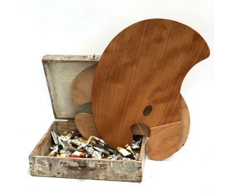 A vintage artist's box containing a quantity of oil paints; together with two large Mabef palettes 