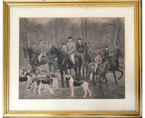 19th century print, huntsman with hounds, 56x72cm 