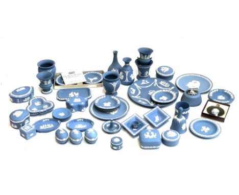 A collection of Wedgwood Jasperware, to include table lighter, vases, pin dishes, trinket pots, etc 