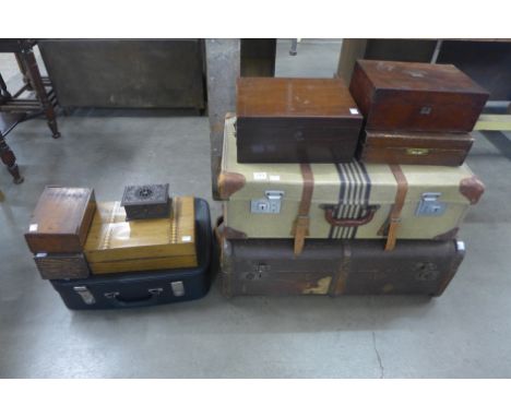 Assorted wooden boxes, travel trunk and two cases