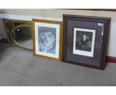 Two gilt framed mirrors, charcoal portrait of a man and print