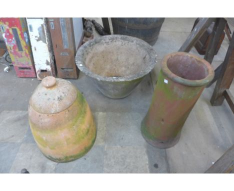 A terracotta strawberry pot, chimney pot and planter