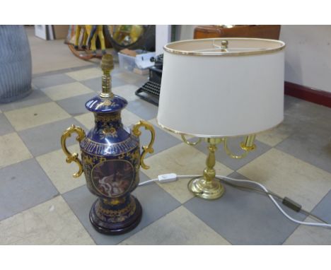 A continental porcelain table lamp and brass lamp