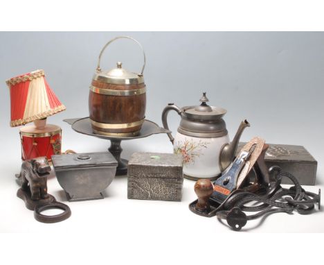 A good collection of 20th century items to include a vintage metalware arts and crafts boxes, tea caddy, stylish pewter compo