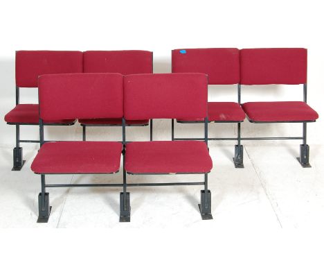 A set of three rows of retro folding 20th century cinema seats.&nbsp; comprising of three rows with two folding seats upholst