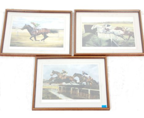 After David French - A set of 3x signed racing prints featuring Shergar, Desert Orchid and The Water Jump at Newbury. Taken f