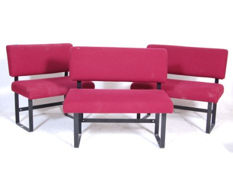 A set of three&nbsp;&nbsp;vintage retro 20th Century cinema / theatre chairs having red upholstered block seats and backrests