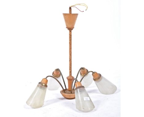 An original retro vintage mid 20th century retro 1960's ceiling electrolier / chandelier. The teak wood and banded rattan ste