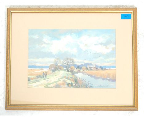 Michael Long -&nbsp; A watercolour painting depicting a hunting scene in the countryside with a single shooter aiming at a fl