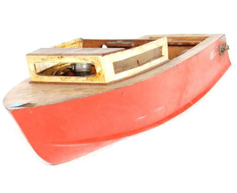 An original retro vintage scratch built wooden toy motorised speedboat OSS 221 " Max engine " together with a carry case stan