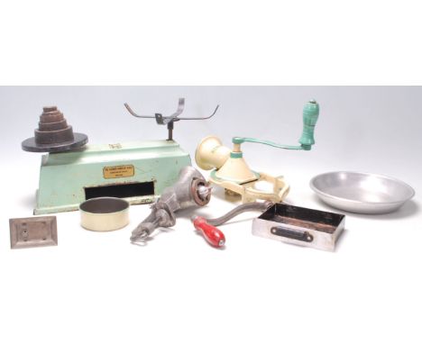 Kitchenalia - A selection of vintage retro kitchen items to include a set of Farmer domestic scales in a mint green colourway