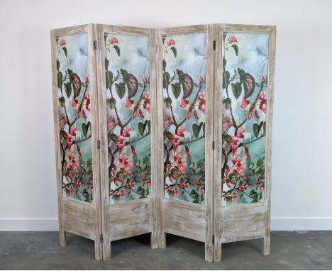 FLOOR SCREEN, four fold, floral and foliate printed design, 183cm x 51cm per panel. 