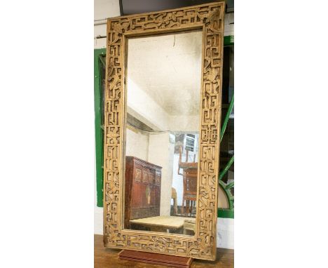 WALL MIRROR, 77cm x 156cm, Chinese elm with bat carved frame and mottled plate. 