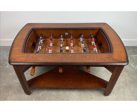 GAMES LOW TABLE, banded detachable mahogany top with reversible green baize lining enclosing inset table football with shaped