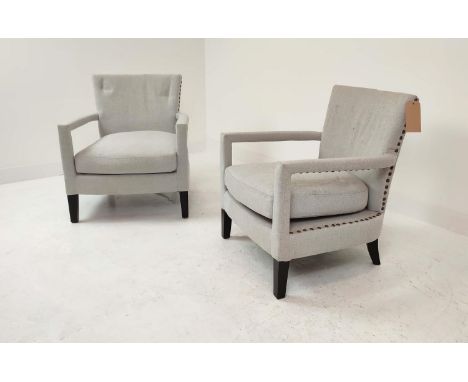 EICHHOLTZ ARMCHAIRS, a pair, light grey upholstery with studded detail, 80cm H x 70cm W x 80cm D. (2) 