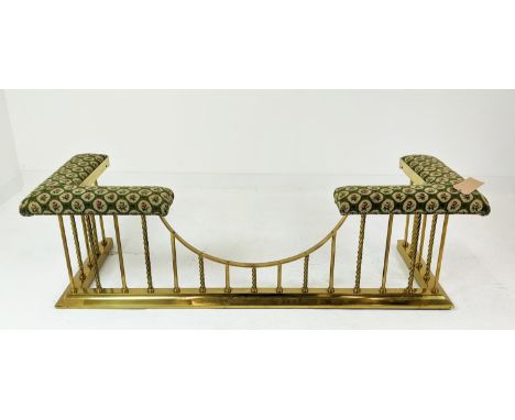 CLUB FENDER, polished brass with a needlework seat, 65cm x 56cm H x 180cm. 