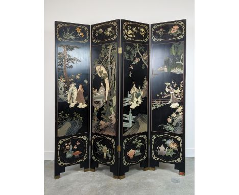 SCREEN, four fold, Chinese lacquered, each panel 183cm H x 41cm. 