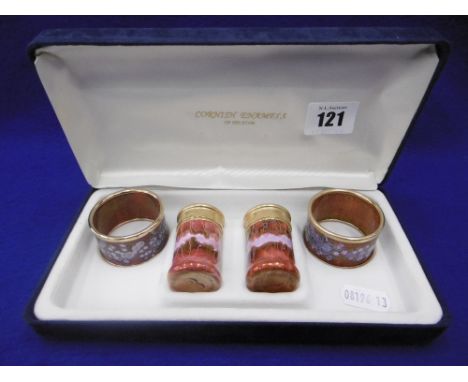 A BOXED 'CORNISH OF HELSON' ENAMEL NAPKIN RINGS, SALT AND PEPPER SET