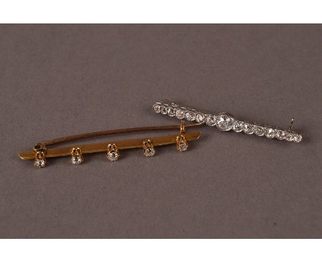 Two pretty vintage diamond set bar brooches, one in gold set with five old cuts, the other in white metal having a continuous