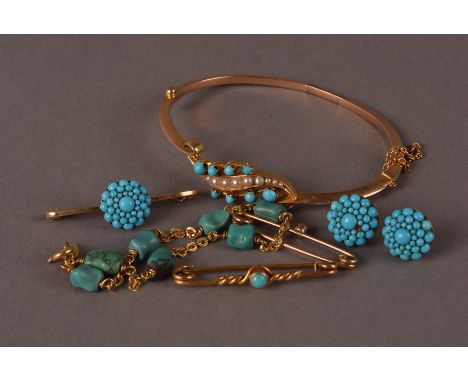 A group of six Victorian and later turquoise set items of jewellery, including a bangle, a bar brooch and matching earrings, 