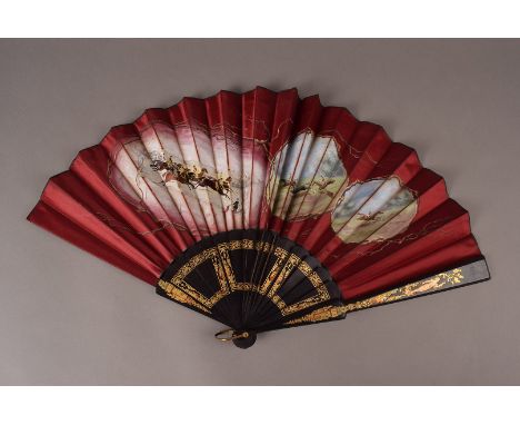 A collection of 4 fans of various designs, to include an early 20th century fan with red silk leaf painted with horse racing 