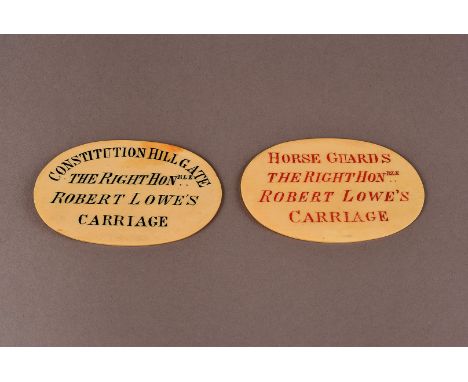 A rare pair of Victorian ivory carriage permit plaques, the oval tickets each bearing engraved Royal cypher to reverse, one i