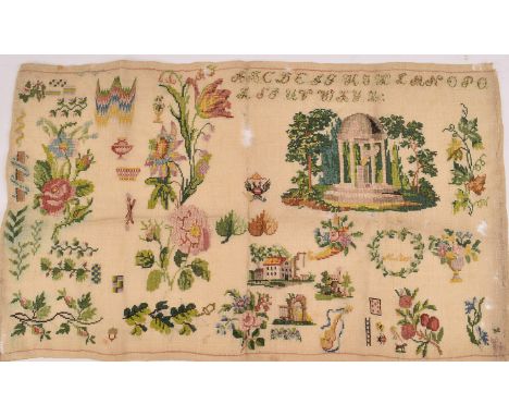 An 18th century and later horizontal wool ground sampler, continental, embroidered with a classical pavilion, flowers and an 