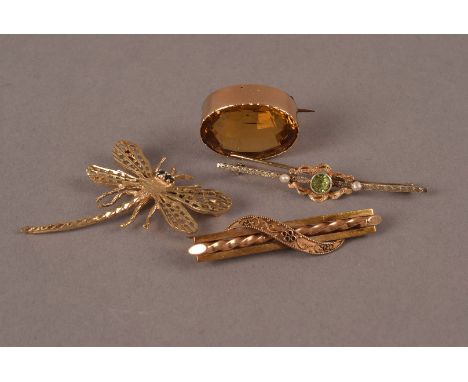 A 9ct gold damselfly brooch, set with sapphire eyes, together with a 15ct gold bar brooch, a 14k marked and gem set bar brooc