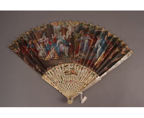 A early 18th century ivory and paper fan, the leaf painted with Solomon and the Queen of Sheba, with gilt border, the reverse