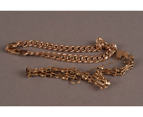 Two vintage 9ct gold bracelets, including a gatelink style example with small heart shaped padlock clasp, the other with flat