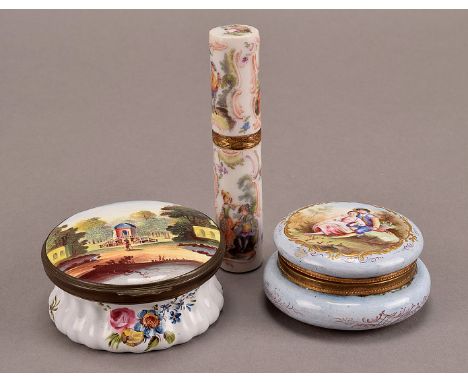 A 19th century Staffordshire enamel patch box, the lid, decorated with a Neo-Palladian folly in the form of a rotunda, surmou