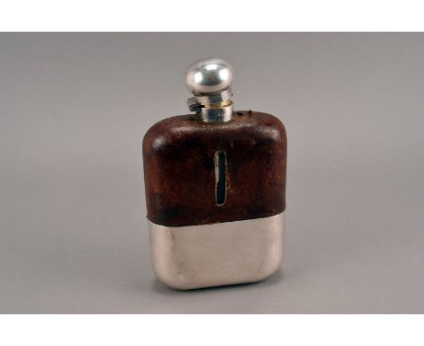 A large vintage hip flask by James Dixon & Sons, the oversized glass bottle with silver plated slide off lower cup and brown 