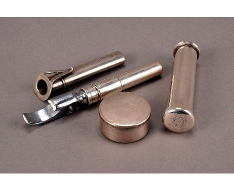 A group of four gentleman’s silver accessories, including a George III or later folding cheese scoop, with handle and screw f