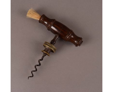 A rare William Bradford 1884 Patent Ratchet and Pawl Corkscrew, with wooden handle, brush and helical worm, milled brass disc