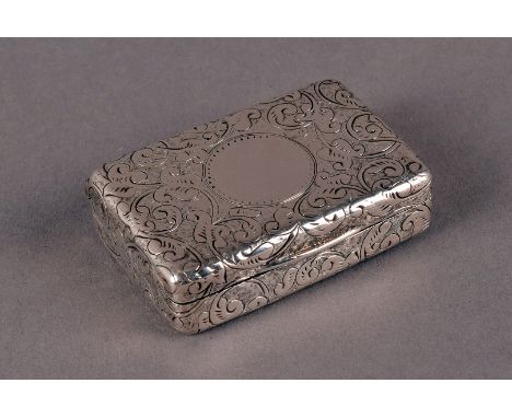 A Victorian silver snuff box by H & A, the small cushion shaped hinged case with engraved outer