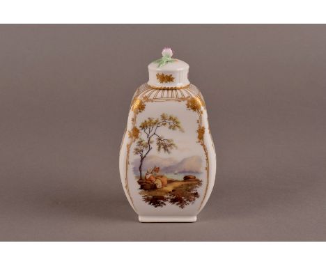 A late 19th/early 20th century KPM Berlin porcelain tea caddy, with hand painted landscape to one side, and floral sprays thr