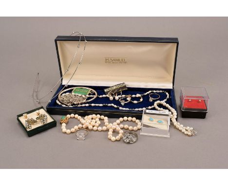 A collection of jewellery, including many pairs of stud and other earrings, a silver torsion bangle, a cultured pearl necklac