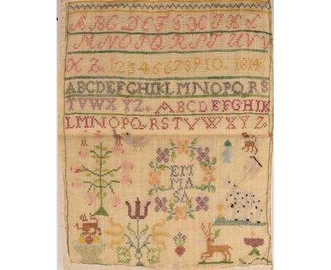 Three 19th century continental samplers, the first by Emmasa, dated 1814, the second unfinished with a hunting scene; the thi