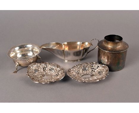 A group of five Victorian and later silver items, including a pair of pierced bon bon dishes, a tea canister lacking cover, a