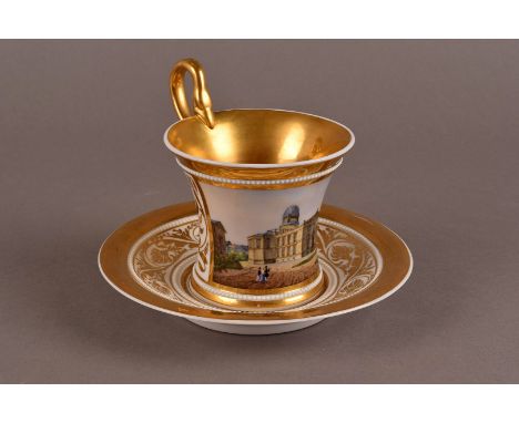 A 19th century KPM Berlin porcelain cup and saucer, with hand painted architectural panel of the Berlin Observatory after the