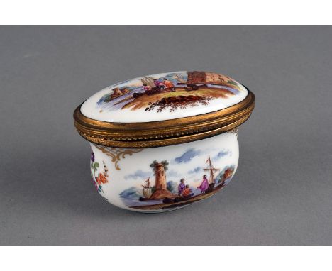 A Vienna style porcelain snuff box c.1900, of oval bombe form, and with hand painted boating scenes, underglaze shield mark t