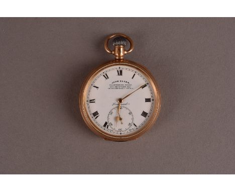 A 1920s 9ct gold open faced pocket watch from John Elkan, white enamel dial, appears to run, hallmarked to stem, outer and du