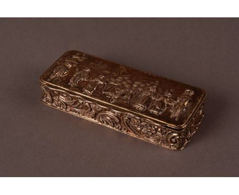 An Edward VII silver snuff box by George Nathan & Ridley Hayes, rectangular with embossed scene of figures to hinged lid and 