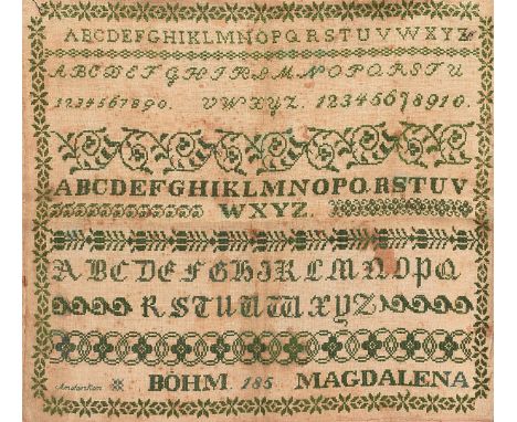 A group of four 19th century continental samplers, the first monochrome blue; the second black, dated 1837 by Knoerlein Eugen