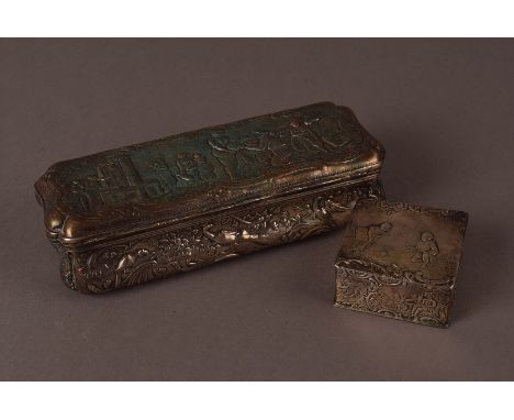 A 19th century continental silver tobacco box, having raised design to lid of well with classical figures and the sides with 