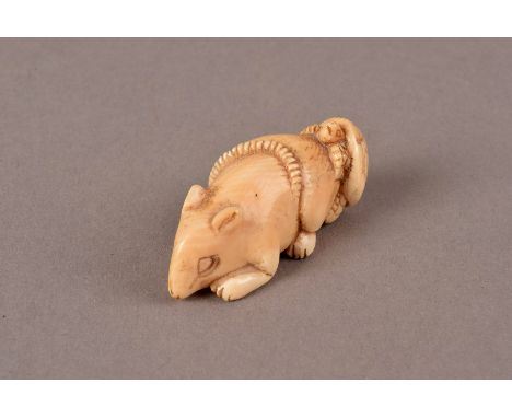 A Japanese Meiji period carved ivory netsuke, in the form of a rat with a tortoise climbing onto its back, two character mark