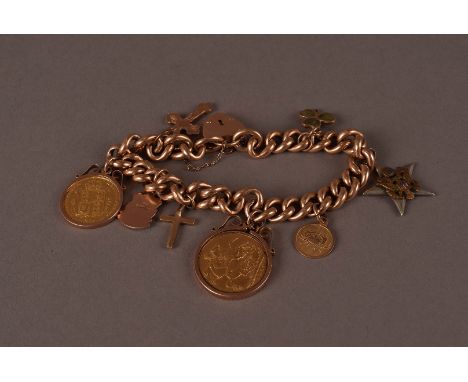 A vintage 9ct gold charm bracelet with a full and half sovereign, the curb link united by heart shaped padlock clasp, support