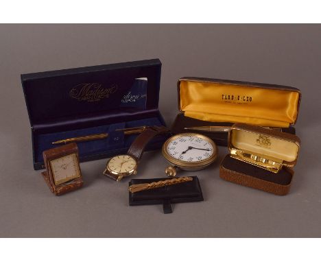 An Art Deco Buren cased travelling timepiece, together with a Sekonda wristwatch, an Art Deco period dashboard clock, a silve