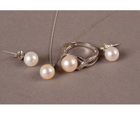 A suite of modern 9ct white gold pearl and diamond jewellery, including a ring, earrings and a pendant on chain (4)