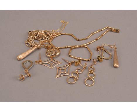 A small group of 9ct gold and yellow metal jewellery, including two bracelets, a pendant on chain and four pairs of earrings,